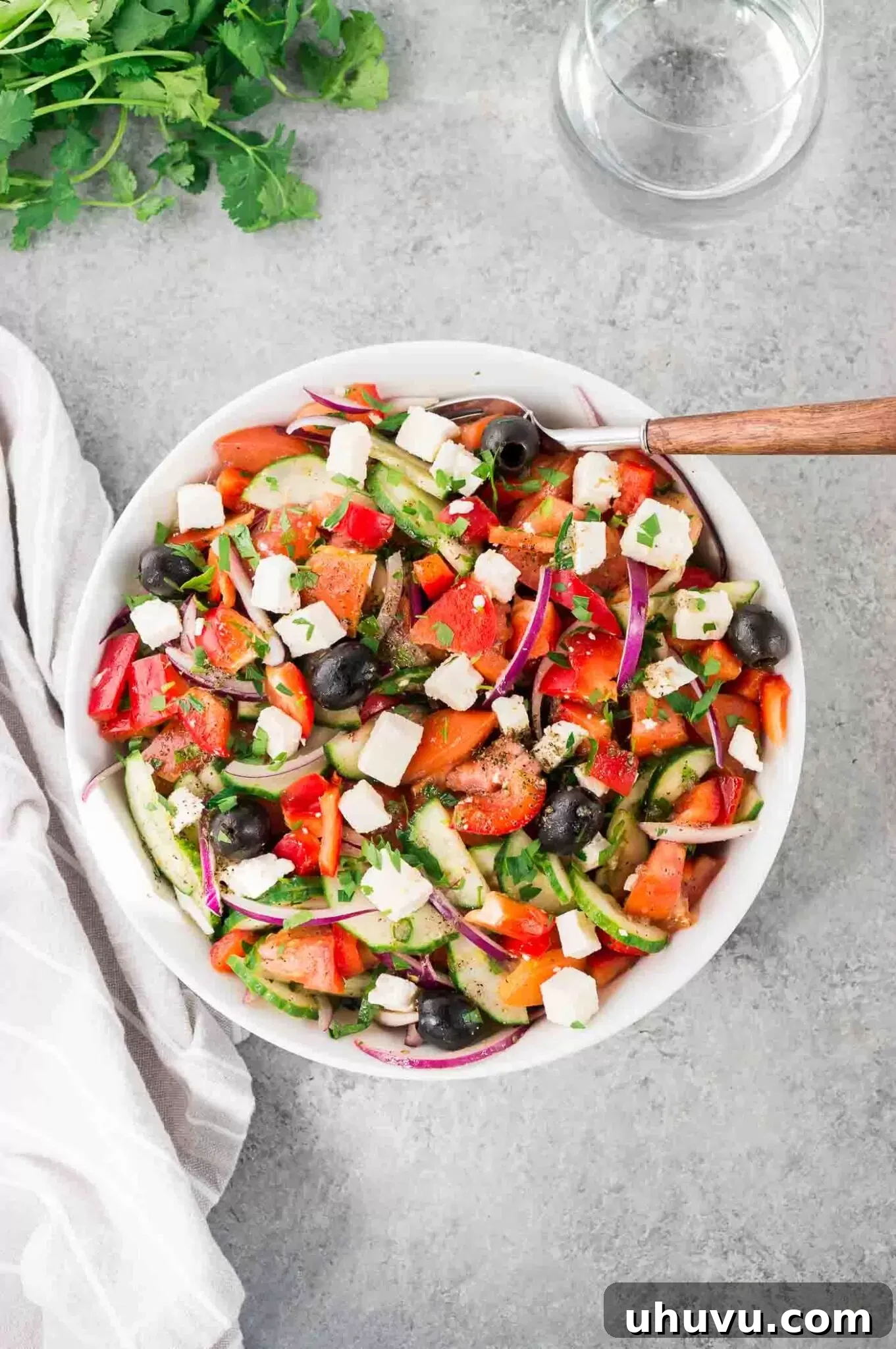 Top-down view of a vibrant Mediterranean Greek salad