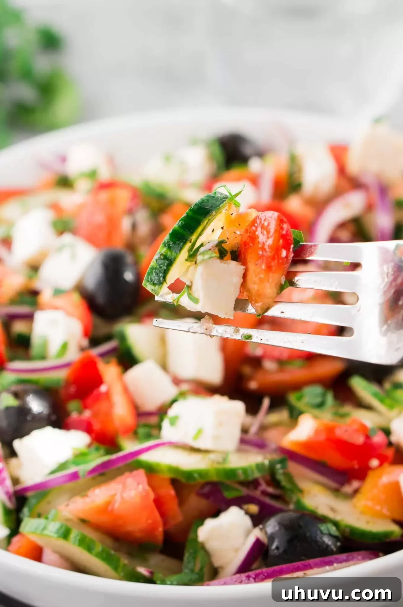 Someone taking a bite of a fresh tomato and cucumber Greek salad