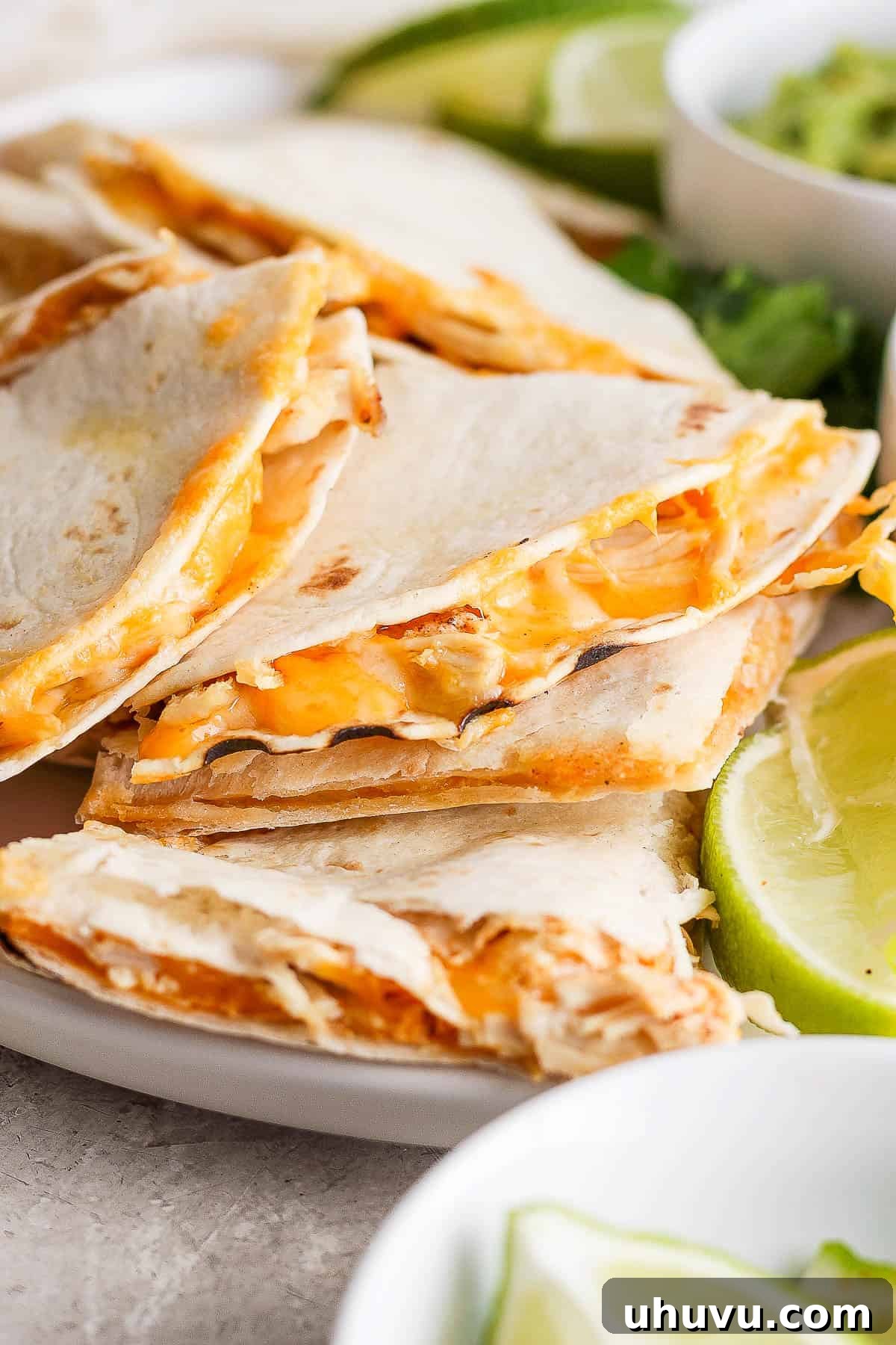 Crispy Air Fryer Chicken Quesadillas 10 Cheesy air fryer chicken quesadillas sliced into triangles and served on a plate.