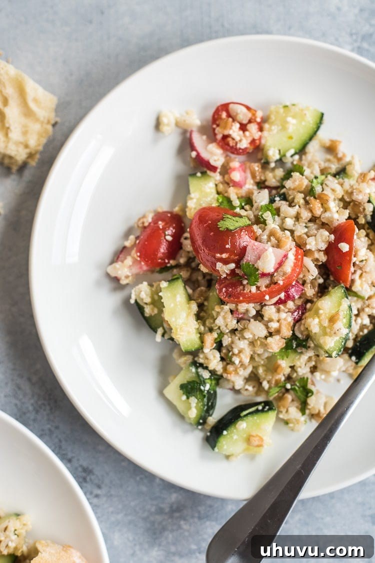 Overhead shot of the colorful Mexican Quinoa Salad in a serving bowl.