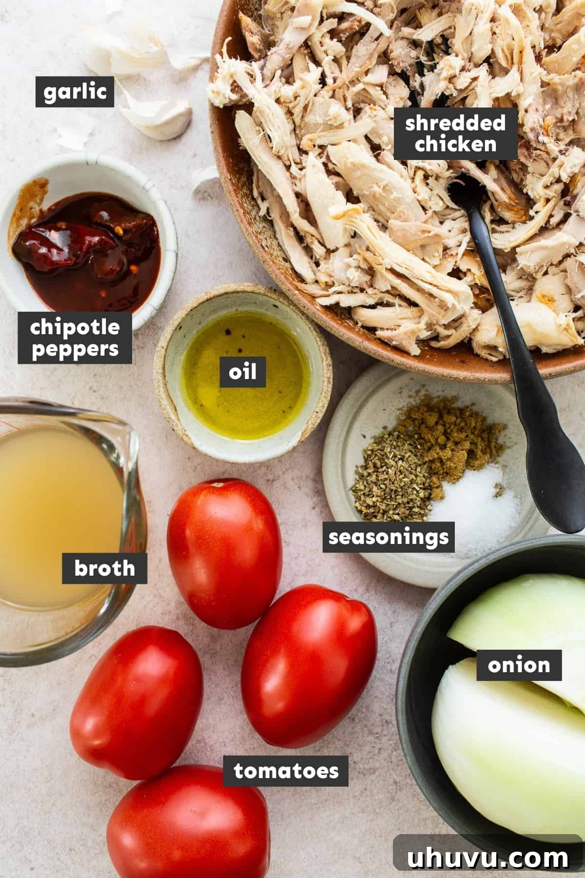 Smoky Chipotle Chicken Tinga 3 A vibrant display of fresh ingredients for Chicken Tinga on a rustic table. Key components include raw chicken, chipotle peppers in adobo sauce, ripe Roma tomatoes, a large white onion, chicken broth, and an array of aromatic seasonings.