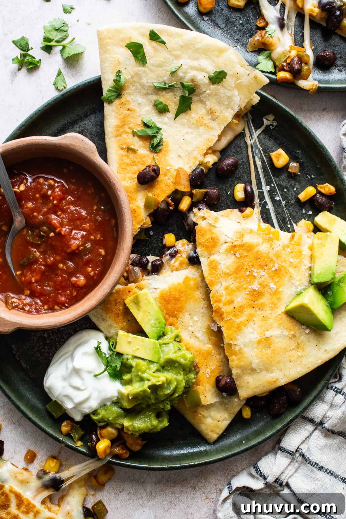 Fiesta Black Bean Melts 7 A crispy golden brown black bean quesadilla on a plate sliced into triangles with cheese oozing out.