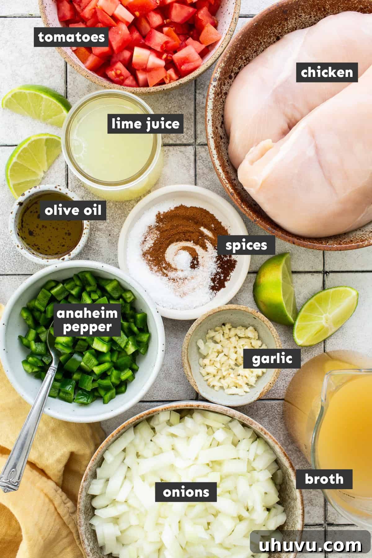 Authentic Yucatecan Lime Soup 3 Sopa de lima ingredients measured out and separated into bowls.