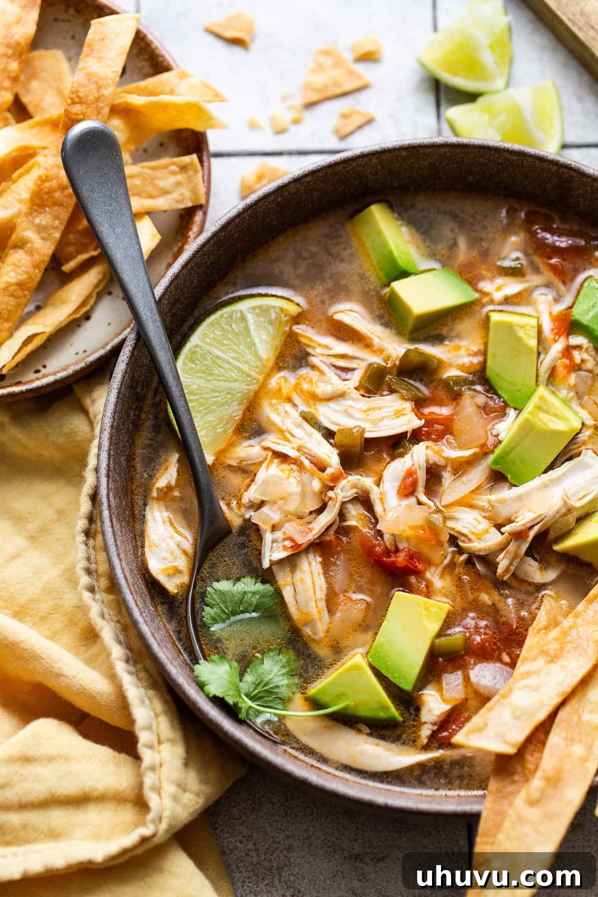 Authentic Yucatecan Lime Soup 9 Sopa de lima with sliced limes and cilantro.