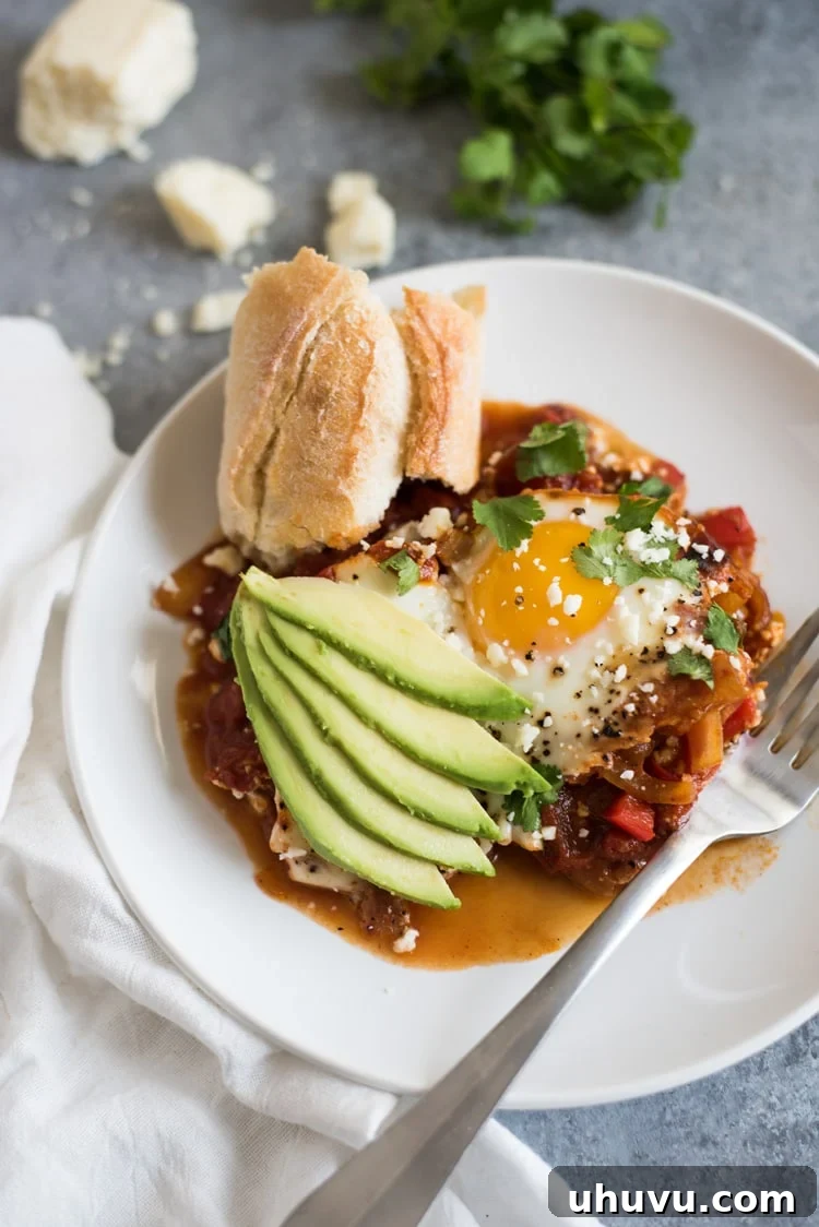 A vibrant Chipotle Shakshuka recipe on a white plate, elegantly topped with fresh avocado slices and served with a side of crusty, artisanal bread, perfect for dipping.