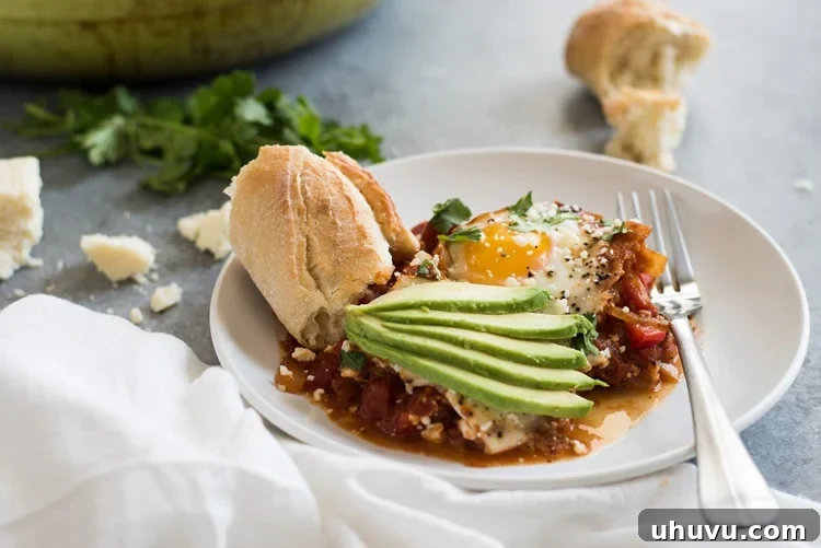 A beautifully plated Chipotle Shakshuka on a white dish, garnished with vibrant avocado slices and served alongside warm, fresh crusty bread, inviting a delightful meal.