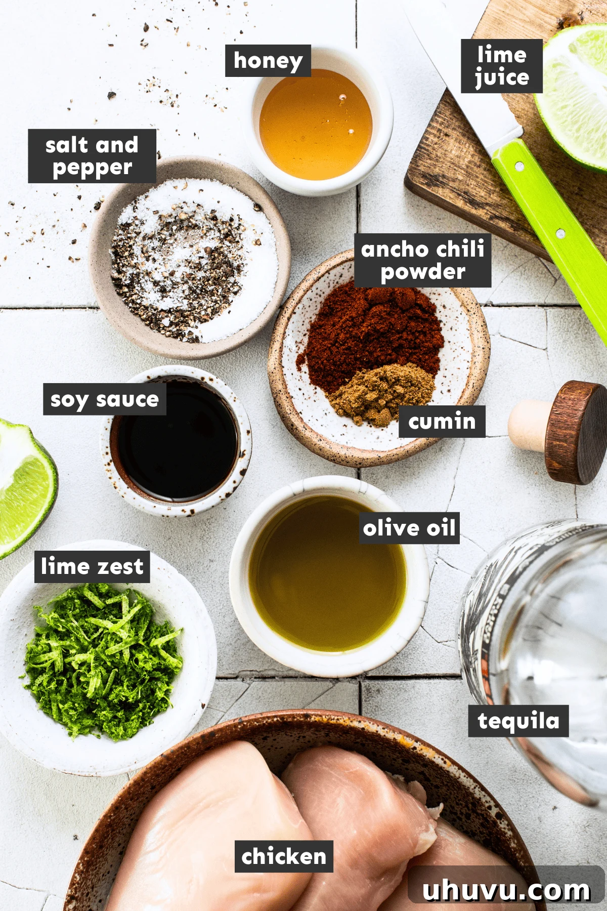 Zesty Tequila Lime Chicken 3 Tequila lime chicken ingredients measured out into mixing bowls