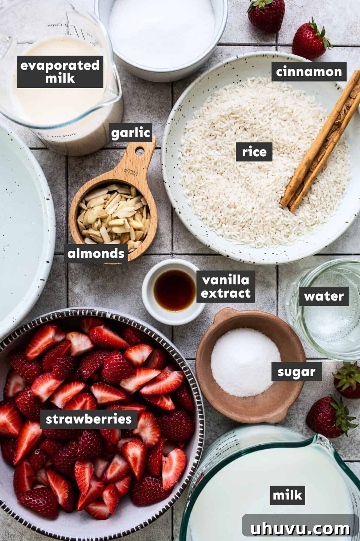 Strawberry Velvet Horchata 3 Strawberry horchata ingredients separated and ready to use