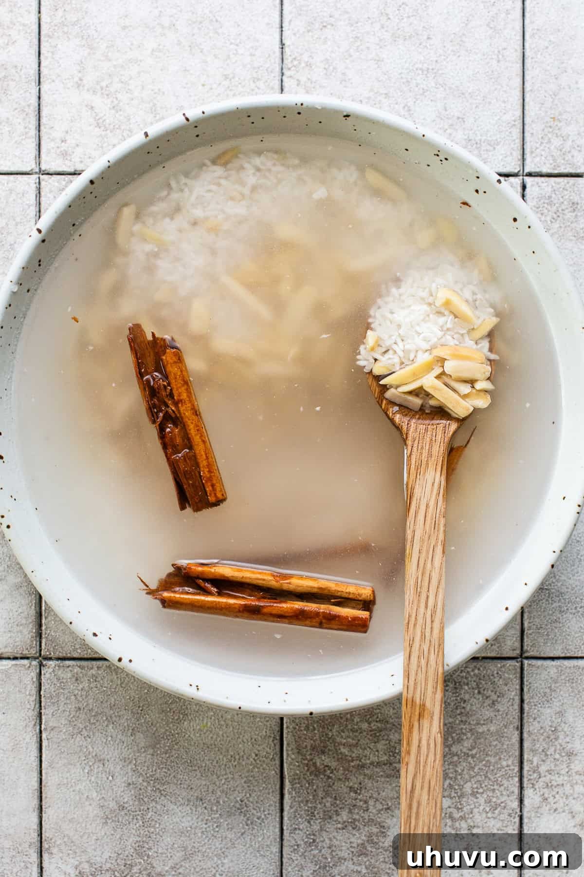 Strawberry Velvet Horchata 4 Soaked rinsed rice with almonds, cinnamon, and water