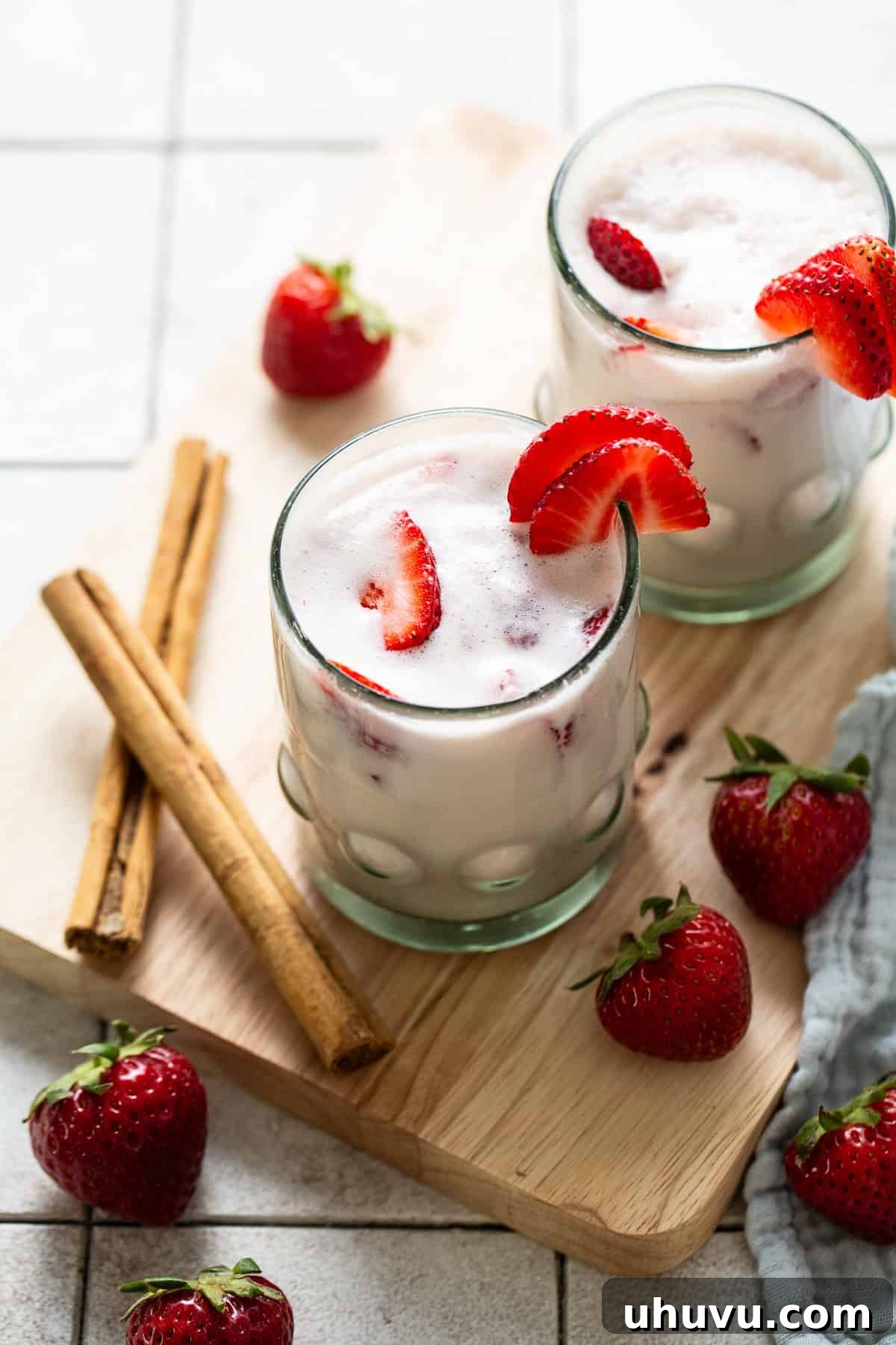 Strawberry Velvet Horchata 8 Strawberry horchata served into glasses