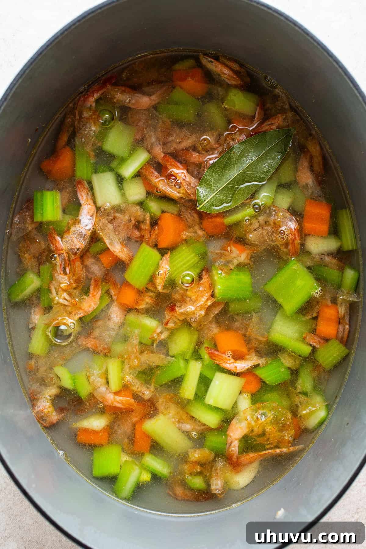 Spicy Mexican Shrimp Soup 4 Homemade shrimp broth boiling in a pot