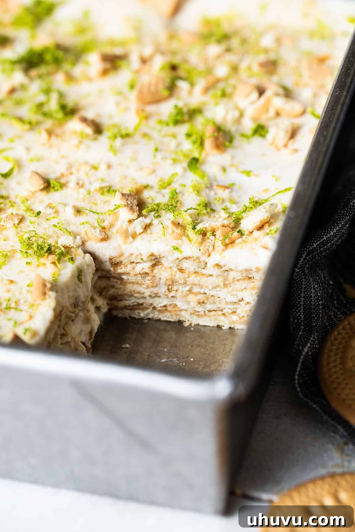 Carlota de Limón inside the baking sheet showing all the delicious layers of cookies and cream.