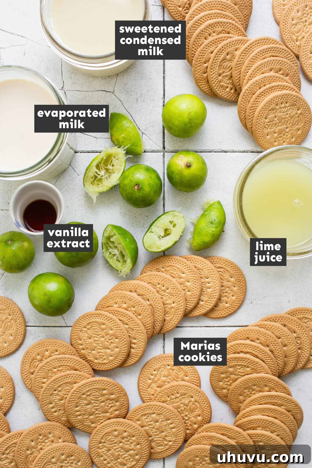 Carlota de Limón ingredients all laid out ready to use: Marias cookies, canned milks, key limes, and vanilla.