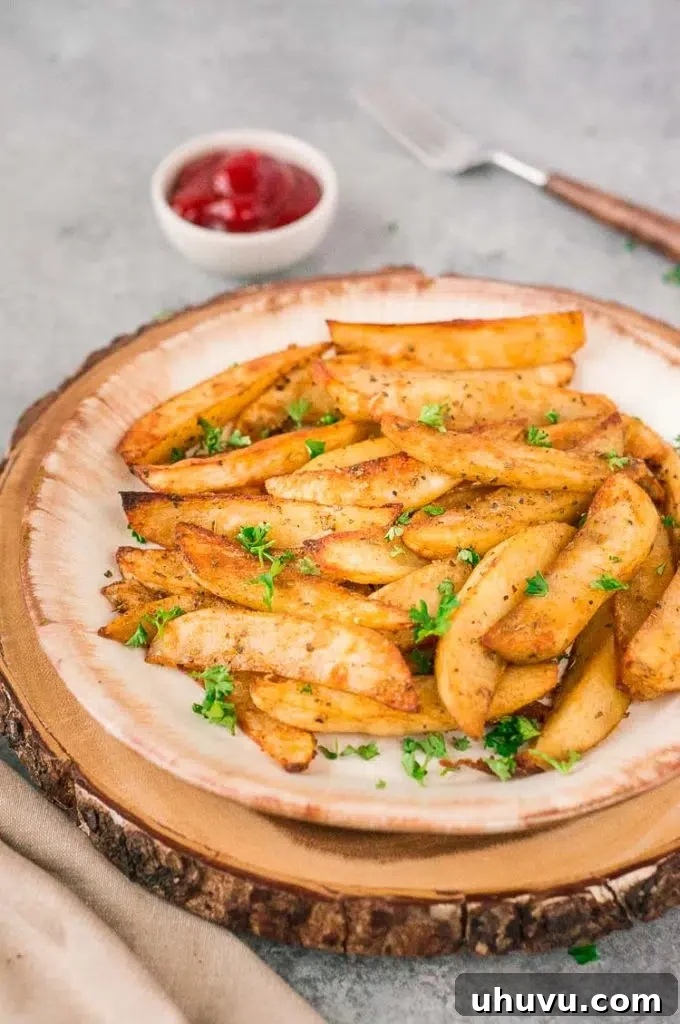 Crispy baked potato wedges on a baking sheet, ready to serve