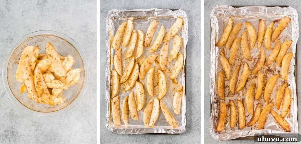 Process shots showing potatoes being cut, seasoned, and baked