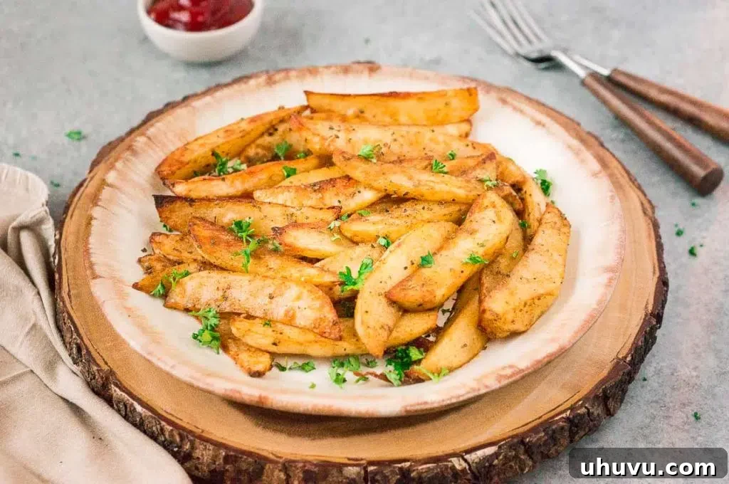 Platter of freshly baked potato wedges with a side of dipping sauce