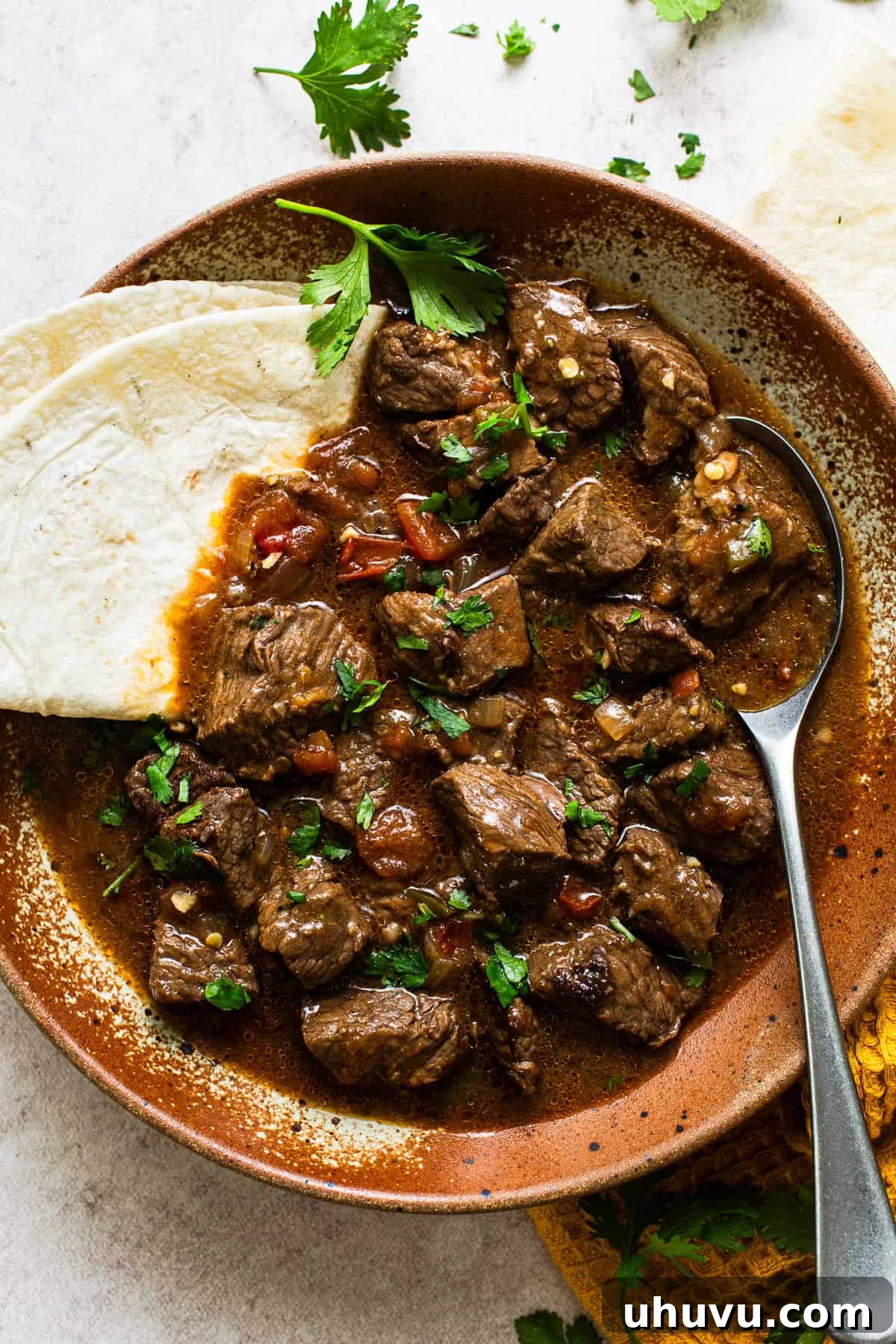 Slow-Simmered Beef Perfection 9 A comforting bowl of Carne Guisada, tender beef stew, served with a soft flour tortilla, inviting a delicious Mexican meal.