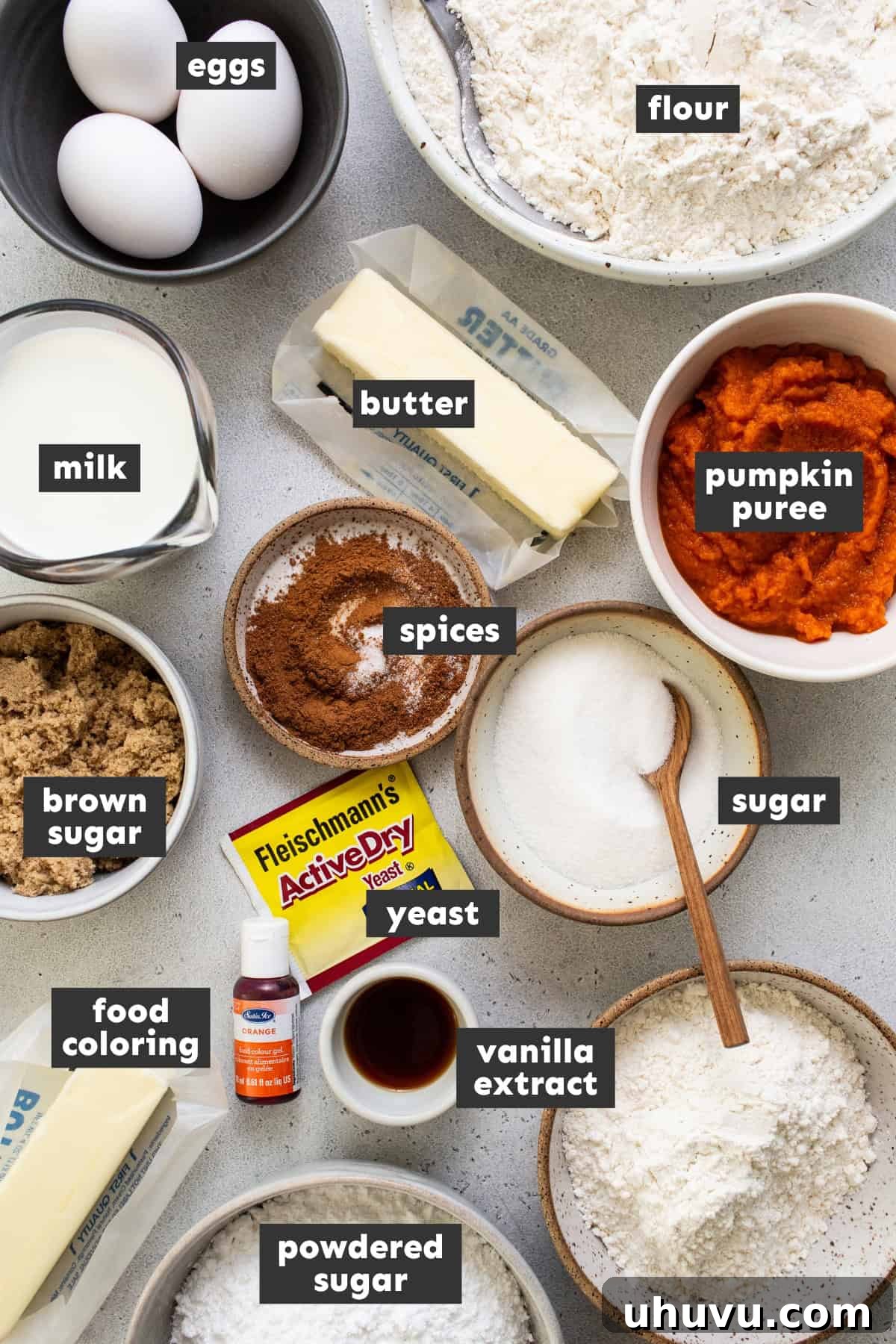Spiced Pumpkin Conchas 3 A selection of ingredients laid out on a table, ready for making pumpkin conchas.