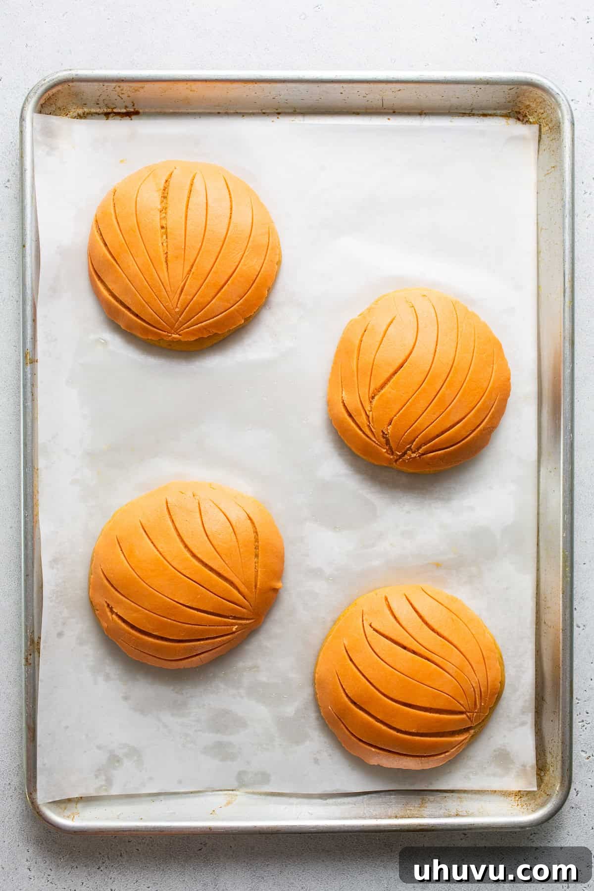 Spiced Pumpkin Conchas 5 Pumpkin conchas topped with orange streusel and scored with a clamshell pattern.
