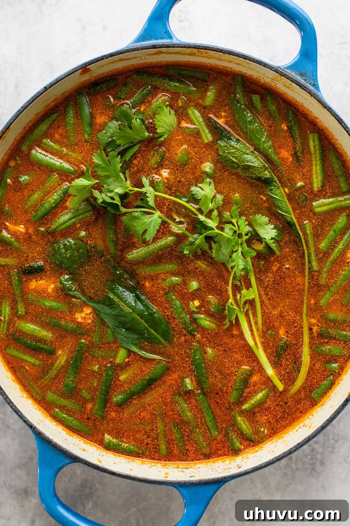 Caldo Tlalpeño simmering gently in a large pot on a stovetop, with vegetables and chicken visible in the rich, red broth, ready to be served.