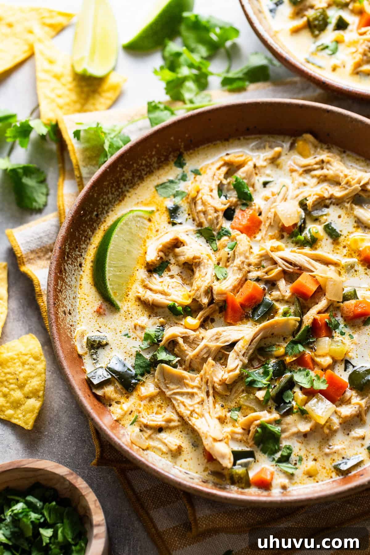 Smoky Chicken Poblano Soup 7 Creamy chicken poblano soup served with tortilla chips in a bowl.