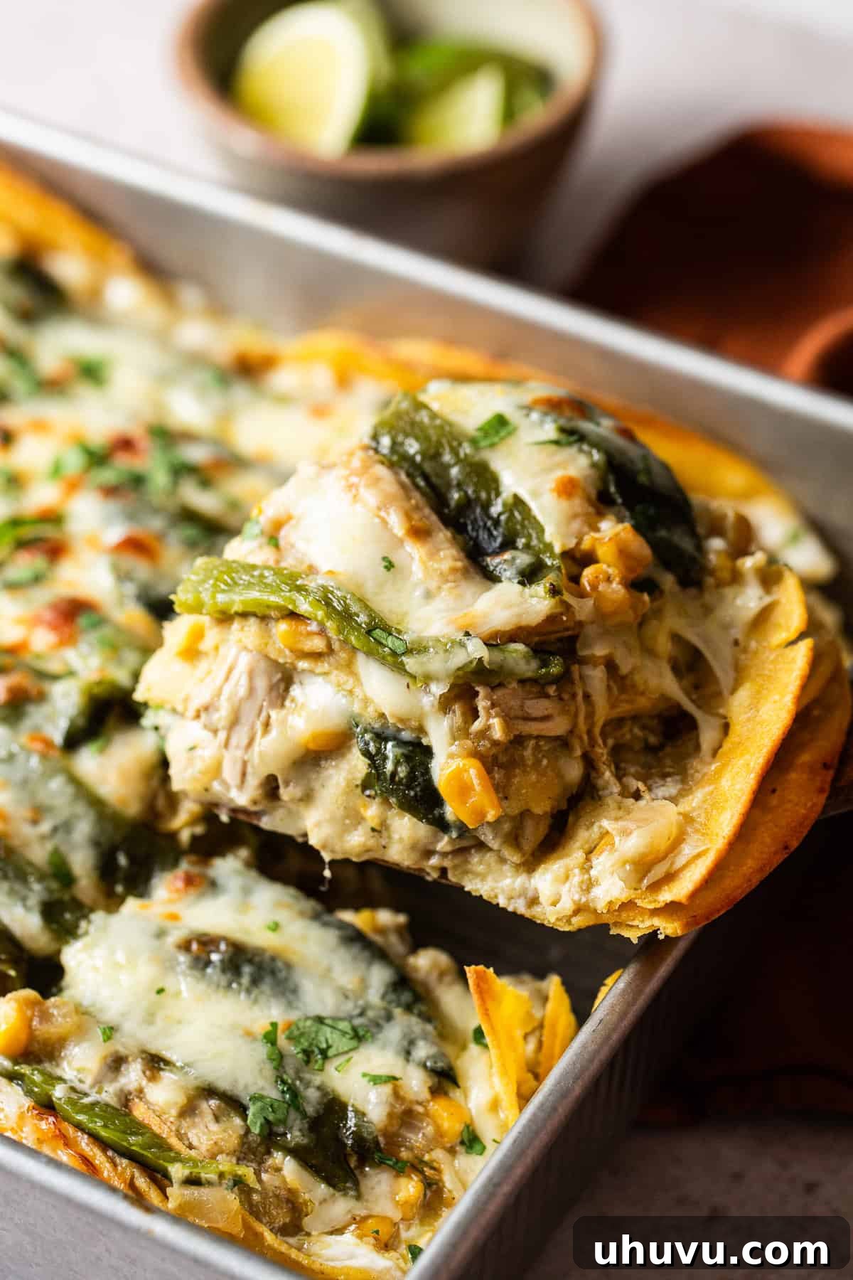 Aztec Tortilla Bake 2 Baking dish filled with freshly baked pastel Azteca ready to eat.