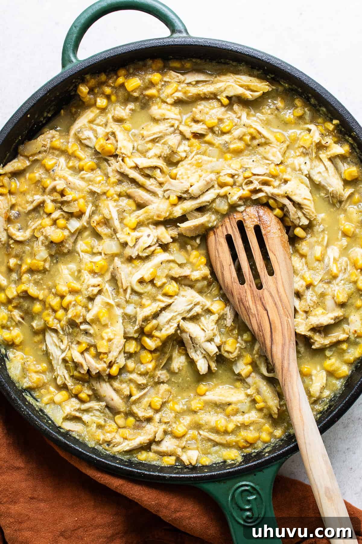 Aztec Tortilla Bake 5 The chicken and corn filling for pastel Azteca in a skillet.