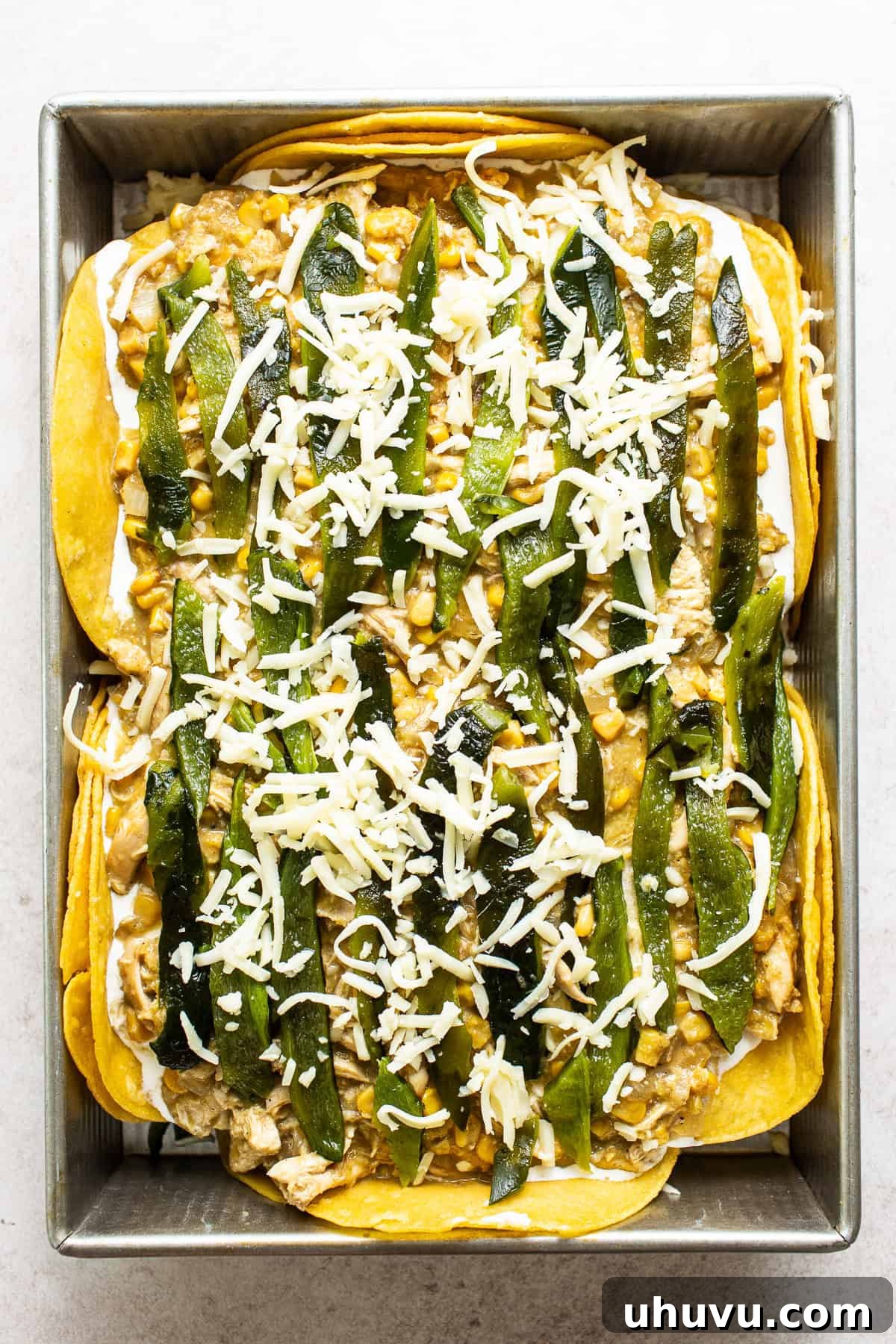 Aztec Tortilla Bake 9 A layer of corn tortillas in a baking sheet topped with Mexican crema, chicken and corn mixture, roasted poblanos, and cheese.