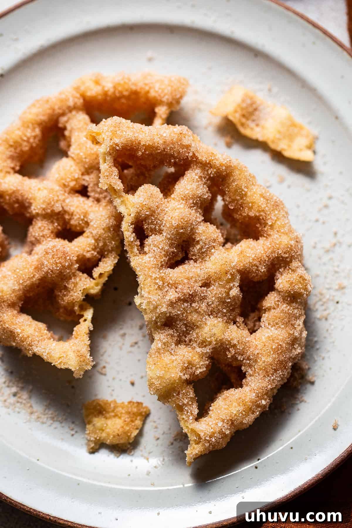 Wind Fritters 3 A dinner plate featuring a single buñuelo de viento, elegantly torn in half to reveal its delicate, airy structure.