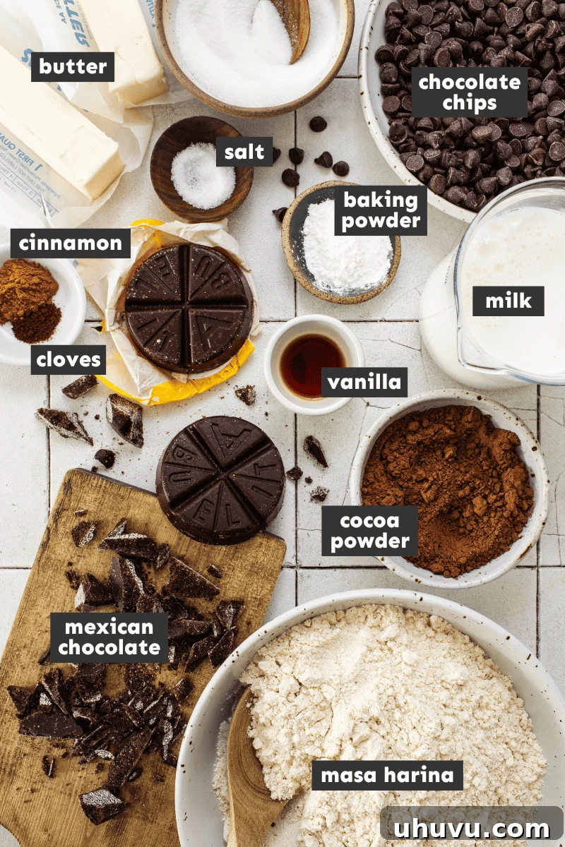 All the ingredients for making chocolate tamales neatly arranged on a table, ready for preparation.