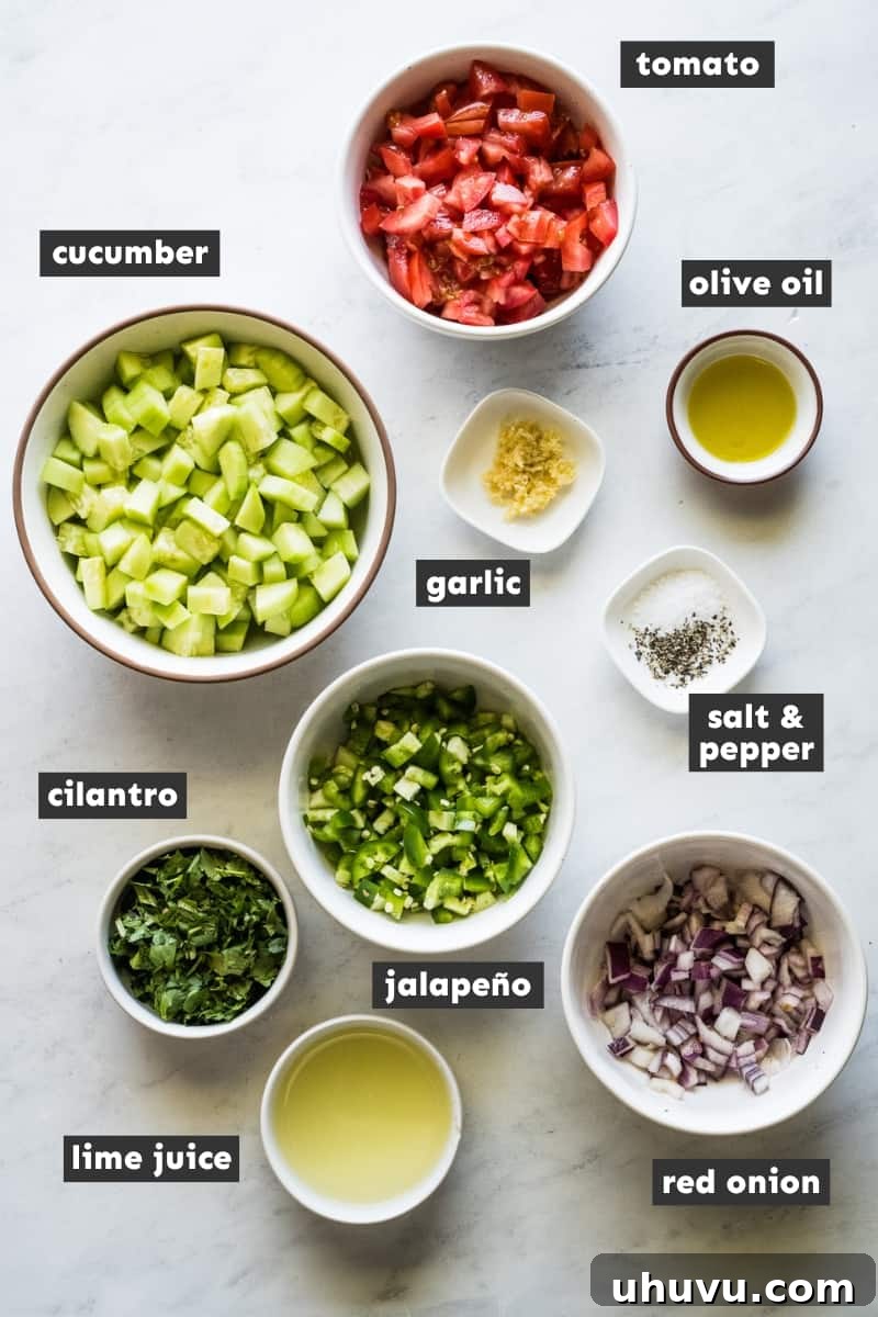Zesty Cucumber Salsa 3 Fresh ingredients for cucumber salsa laid out on a table, including cucumbers, tomatoes, onions, cilantro, jalapeños, and limes.