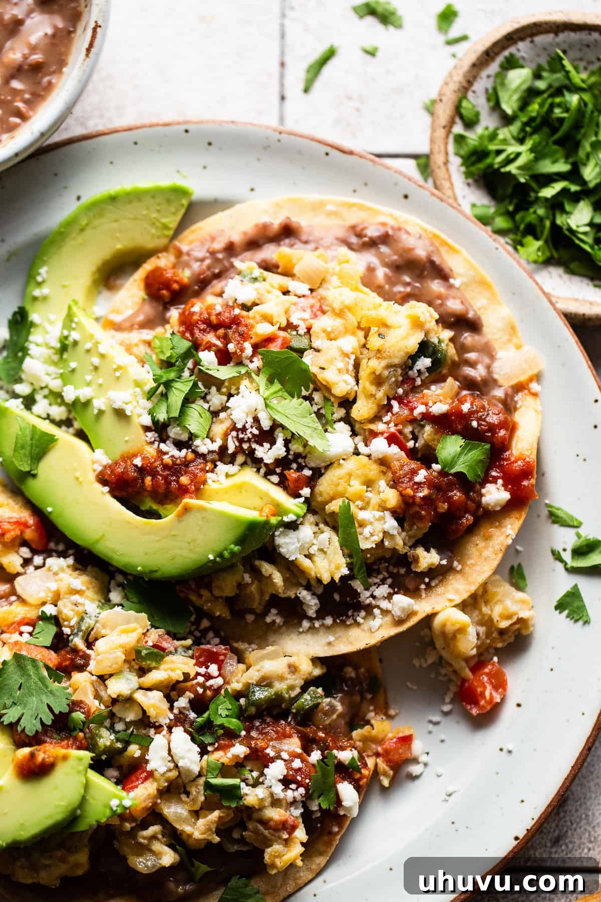 Sunrise Crunch Tostadas 2 Homemade breakfast tostadas topped with queso fresco and salsa, beautifully arranged on a plate.