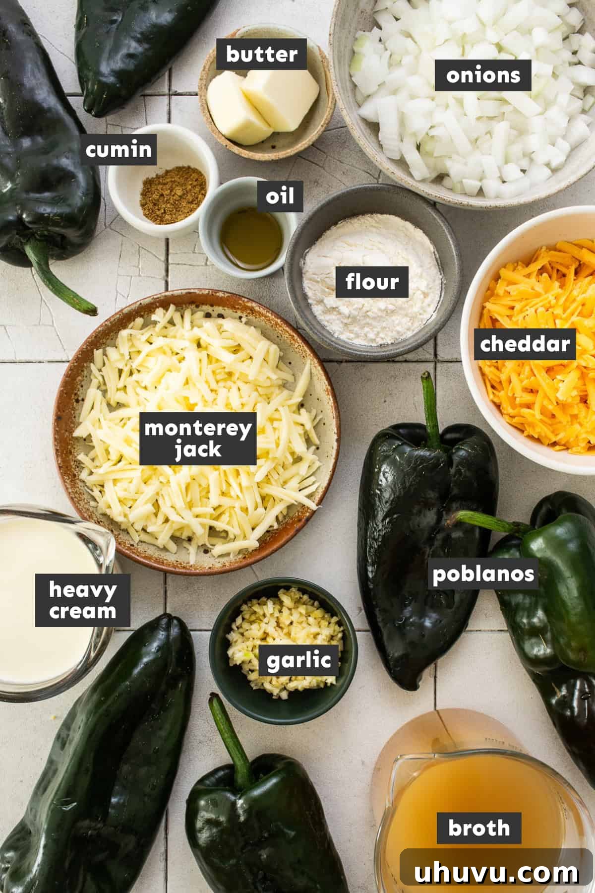 A selection of fresh ingredients for chile relleno soup, including poblano peppers, onions, garlic, butter, olive oil, spices, broth, and cheeses, arranged on a rustic wooden table.