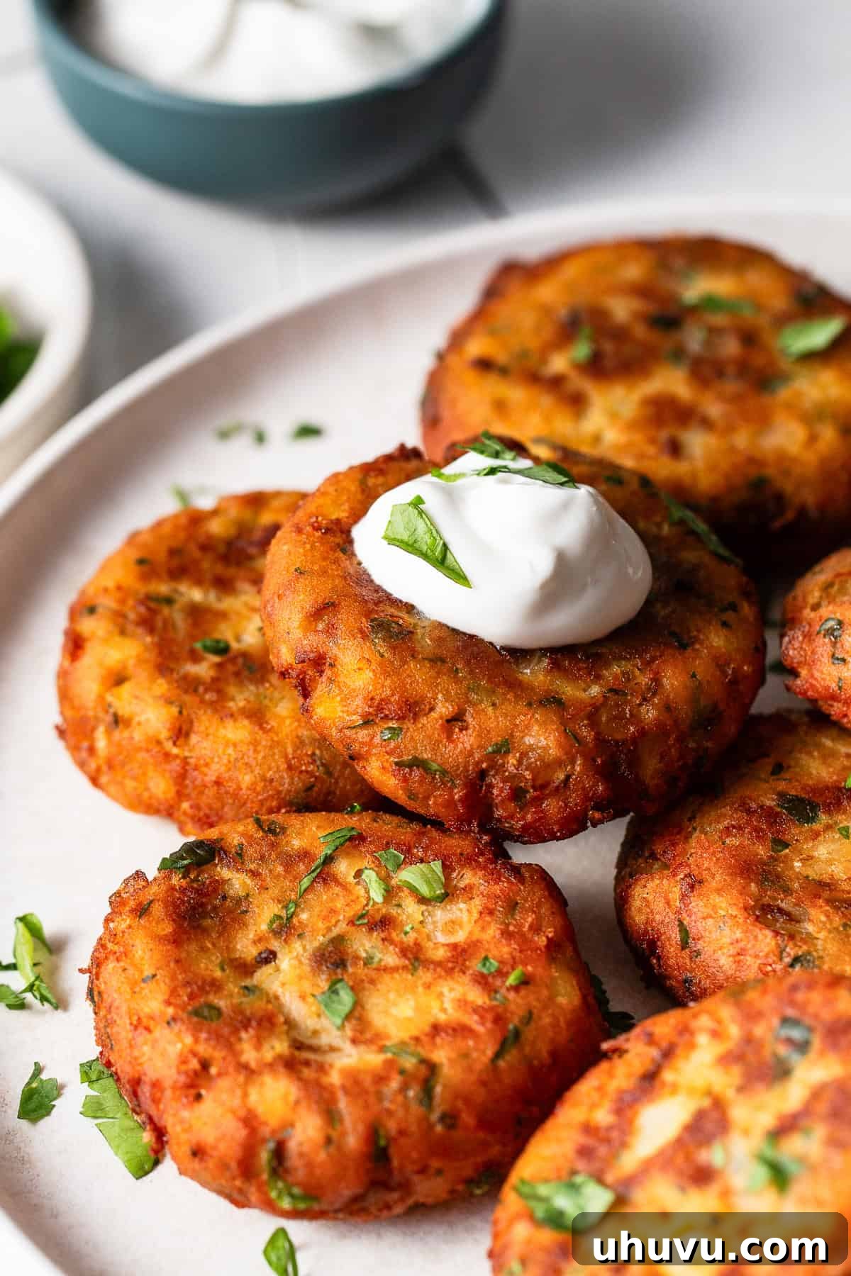 Potato Pancakes 2 Tortitas de papa freshly made and stacked on a dinner plate with a dollop of sour cream.