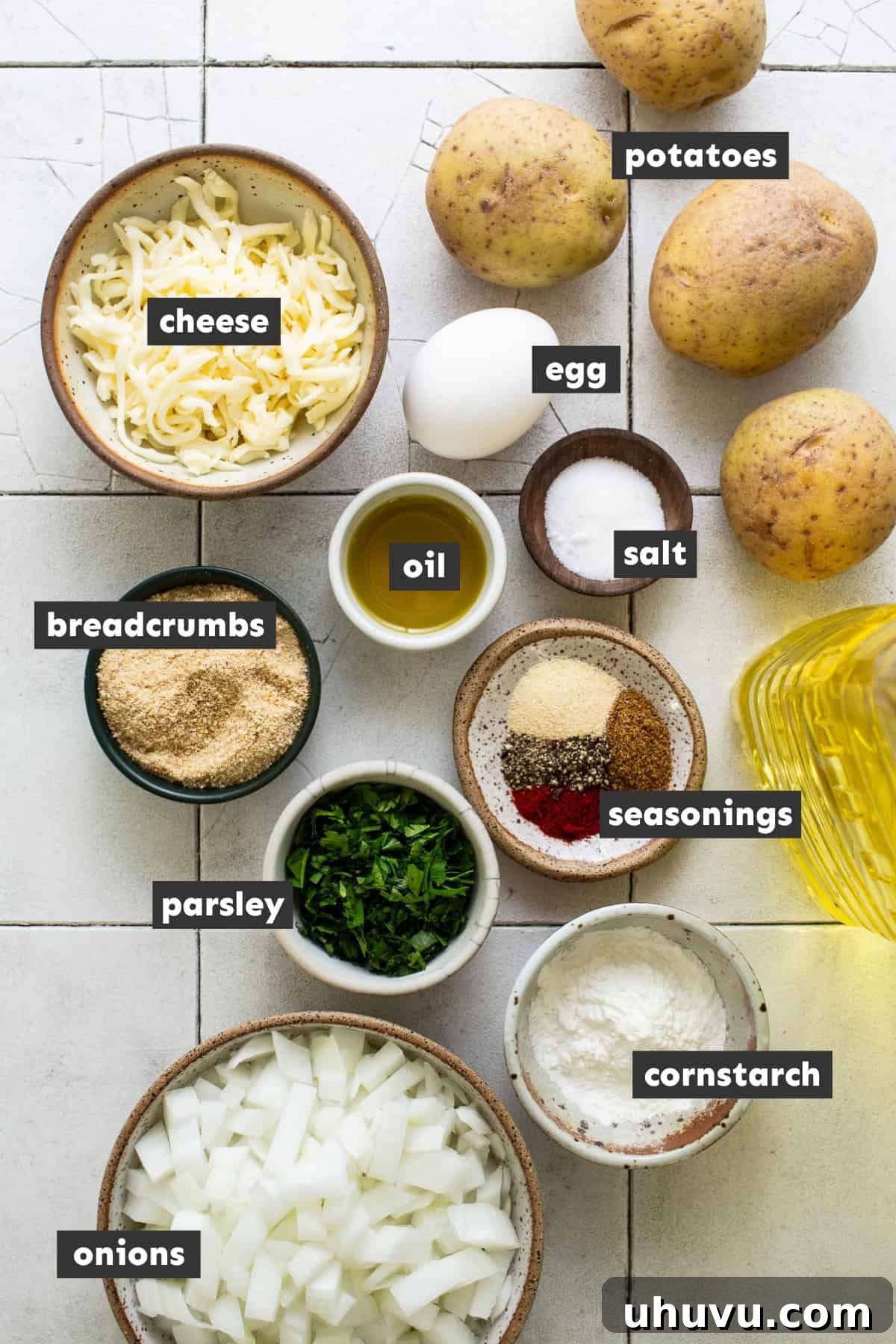 Potato Pancakes 3 Ingredients for tortitas de papa laid out on a table ready to use.