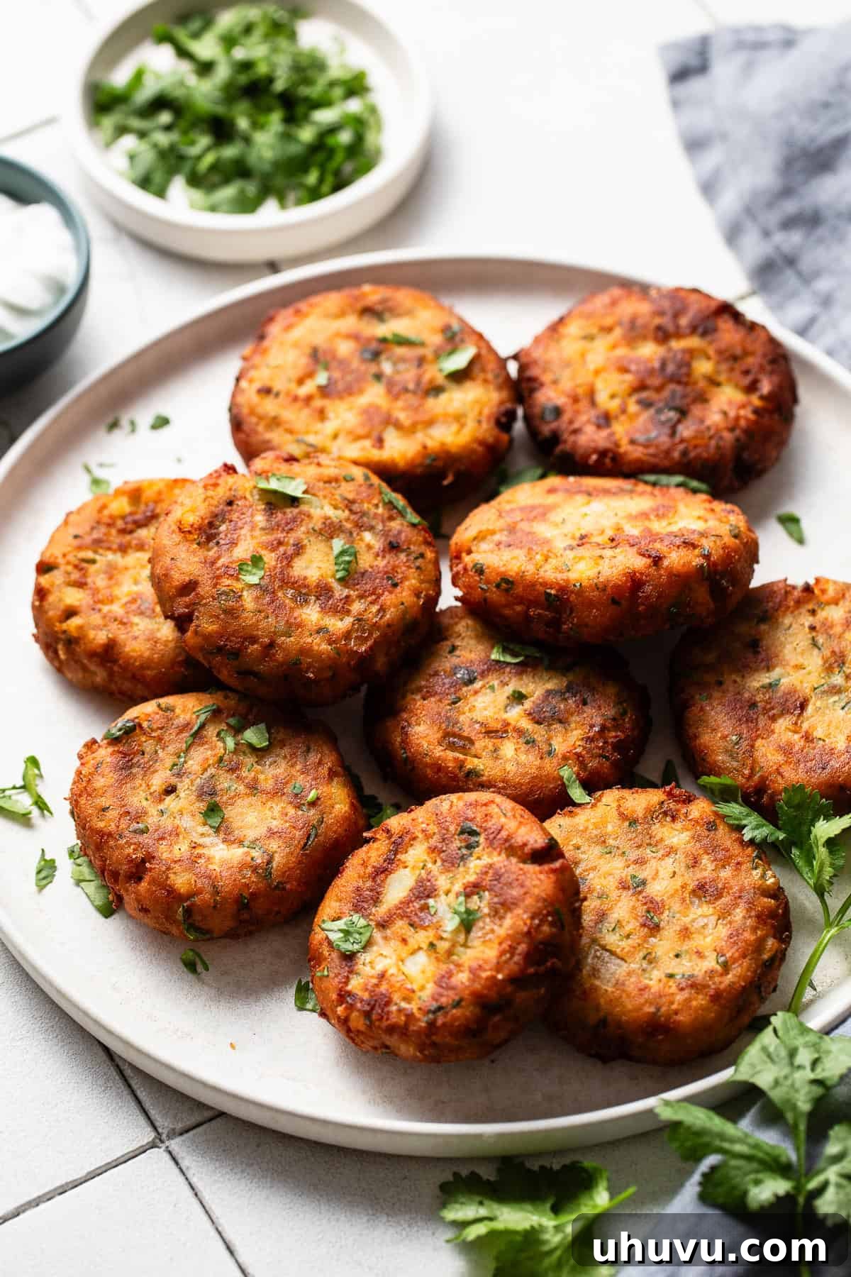 Potato Pancakes 7 Tortitas de papa set on a serving plate ready to eat.