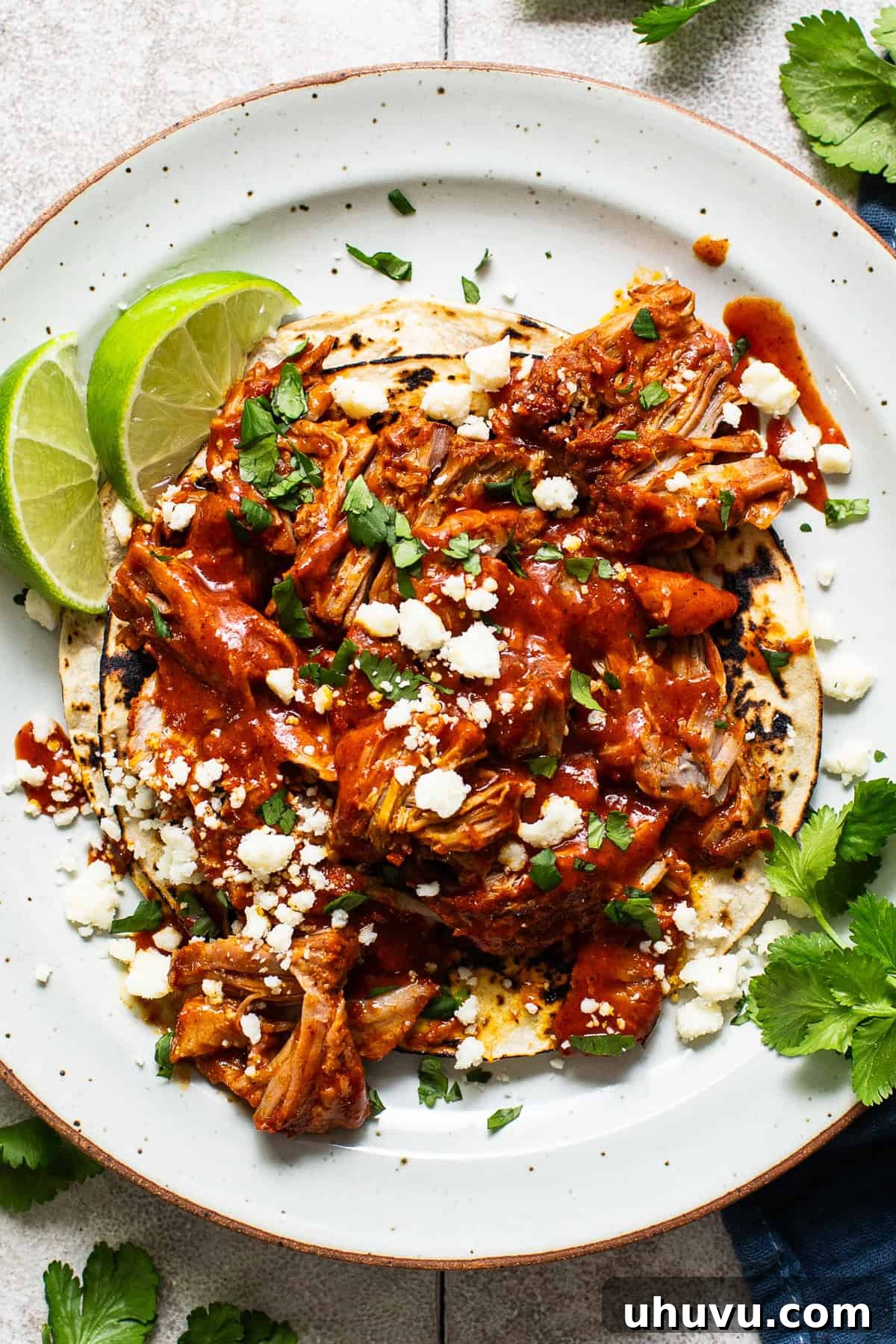 Yucatan's Achiote Slow Roast Pork 8 Delectable Cochinita Pibil shredded and served as tacos on soft corn tortillas, garnished with fresh cilantro and crumbled queso fresco.