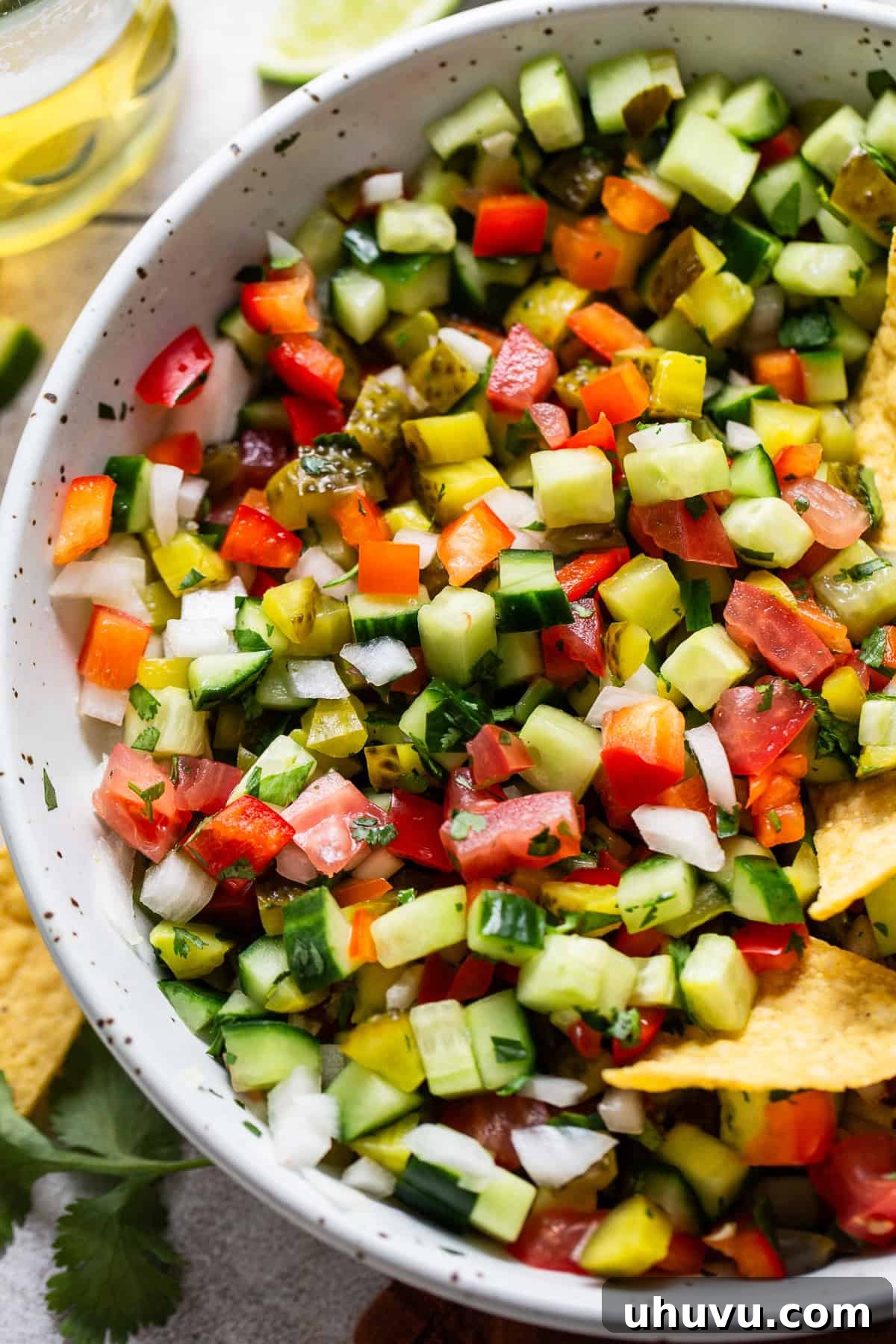 Briny Salsa 7 A beautifully presented bowl of homemade Pickle de Gallo, showcasing its fresh and chunky texture, perfect for dipping or as a topping.