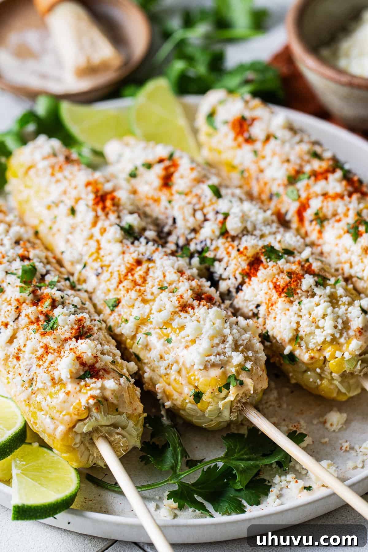 Elote (Mexican street corn) on sticks with all the toppings ready to serve.