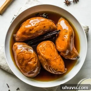 Camote enmielado, candied sweet potatoes in piloncillo syrup, a traditional Mexican treat.