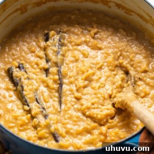 Pumpkin arroz con leche in a pot ready to eat.