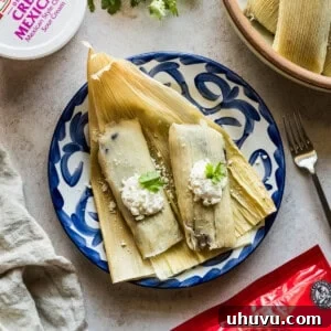 Hearty Black Bean and Cheese Tamales garnished with fresh crema and crumbled Cotija cheese, ready to be served.