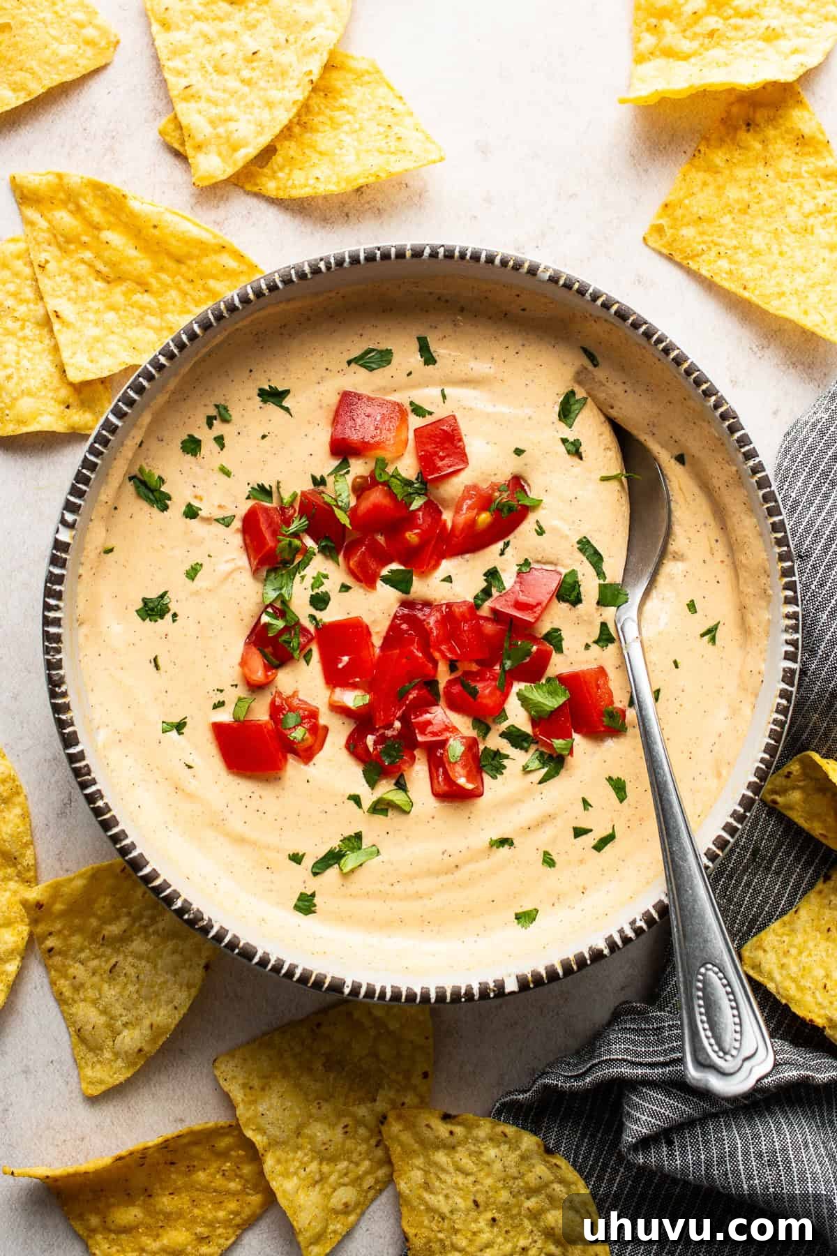 Creamy Cottage Queso 8 Step 4: Warm, melted cottage cheese queso in a bowl, ready to serve.