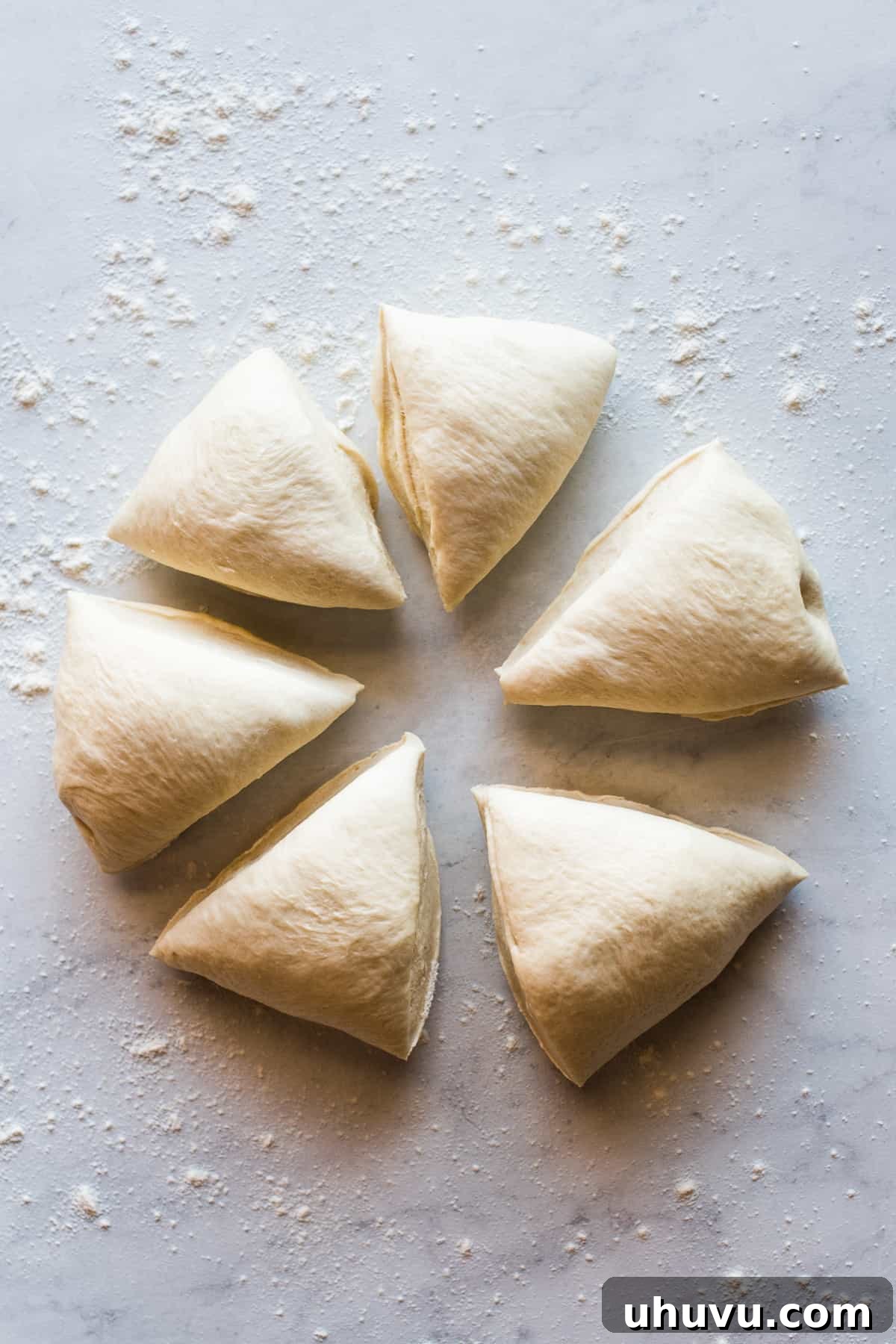 Mexican Bolillo Rolls 7 Risen bolillo bread dough divided into 6 pieces.