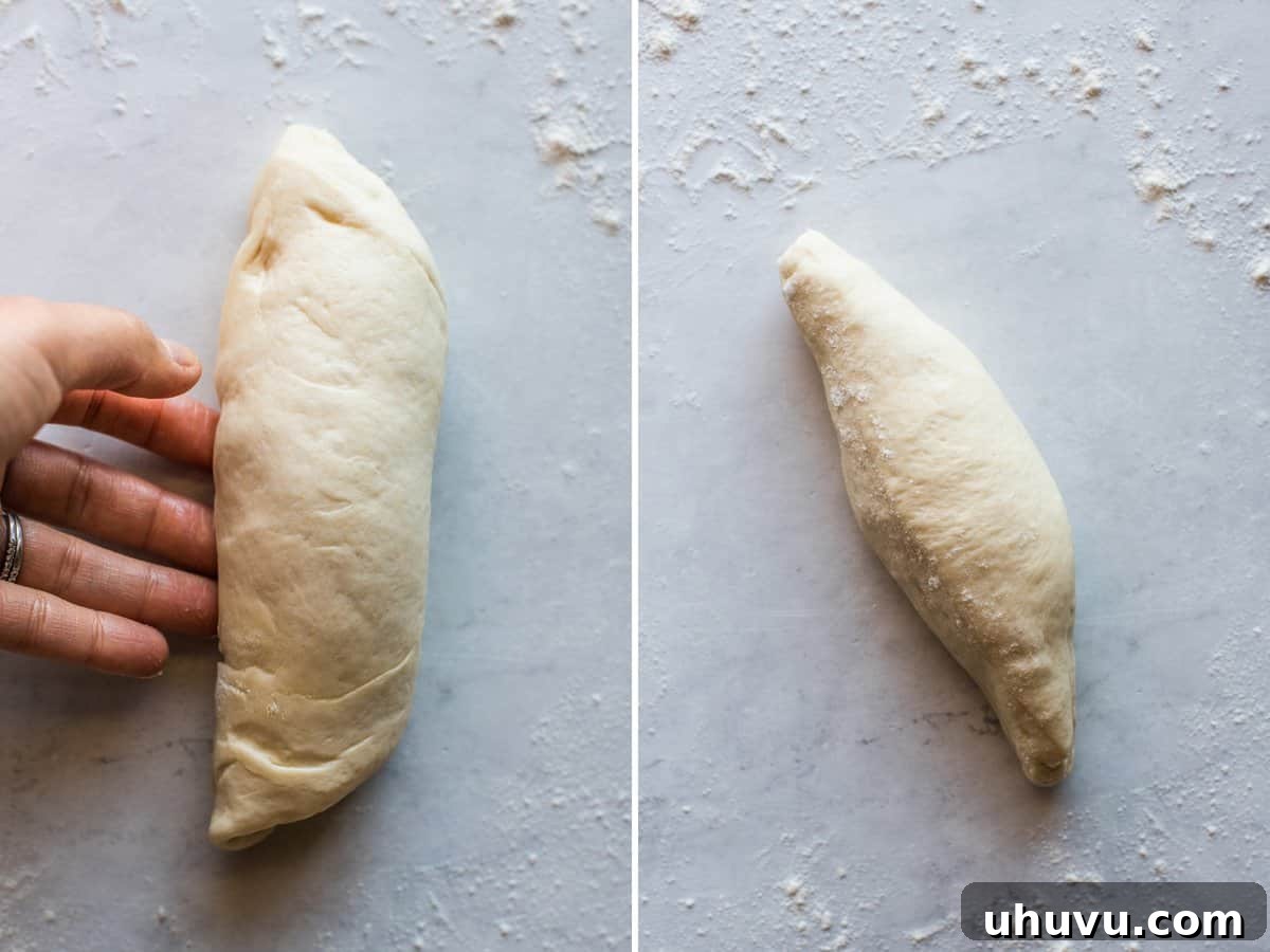 Mexican Bolillo Rolls 9 Dough being shaped into a football oval shape to make bolillos.