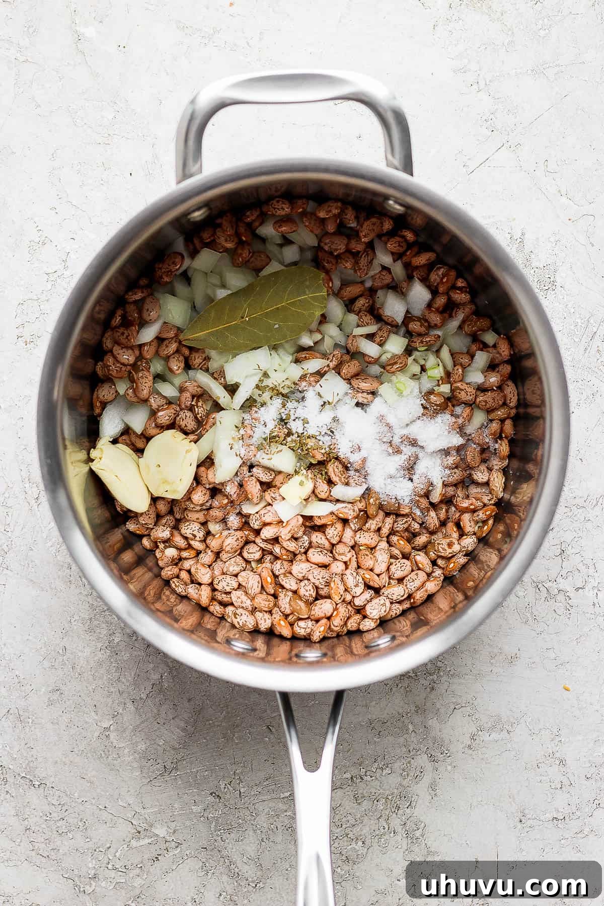 Velvety Frijoles 5 Dry pinto beans in a pot with onions, Mexican oregano, garlic, and a bay leaf.