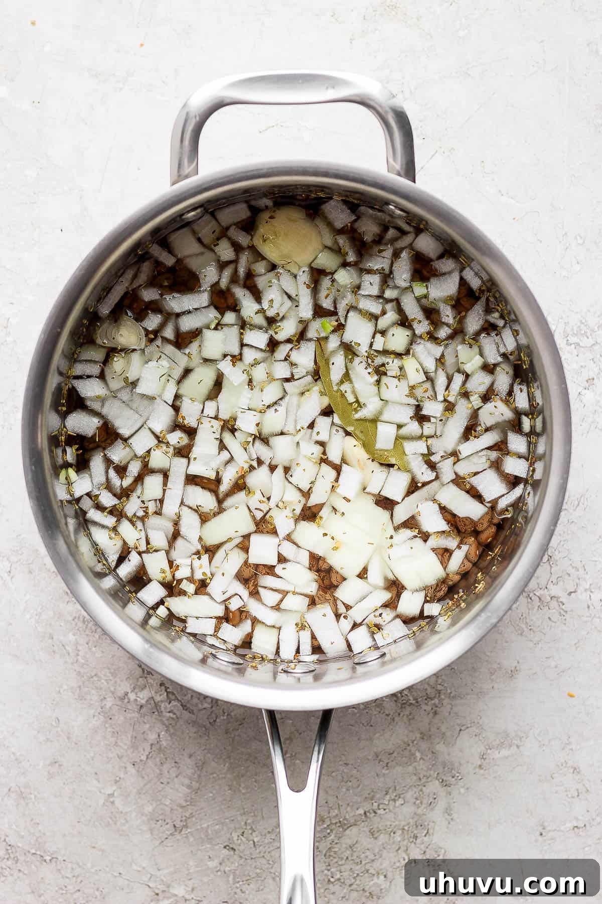 Velvety Frijoles 6 Dry pinto beans in a pot with water getting ready to be cooked and simmered.