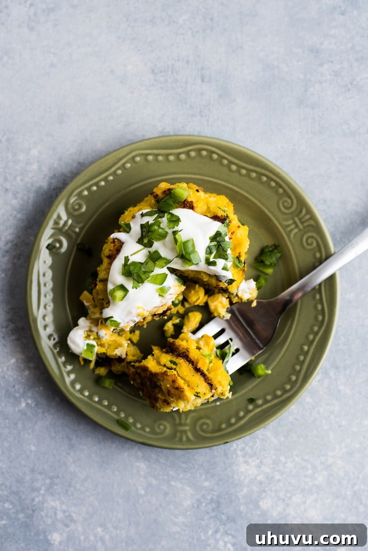 Zesty Jalapeno Corn Fritters 2 Golden brown Jalapeno Corn Cakes stacked on a white plate, garnished with fresh cilantro and diced jalapenos. They are gluten-free and vegetarian, making a perfect Mexican side dish.
