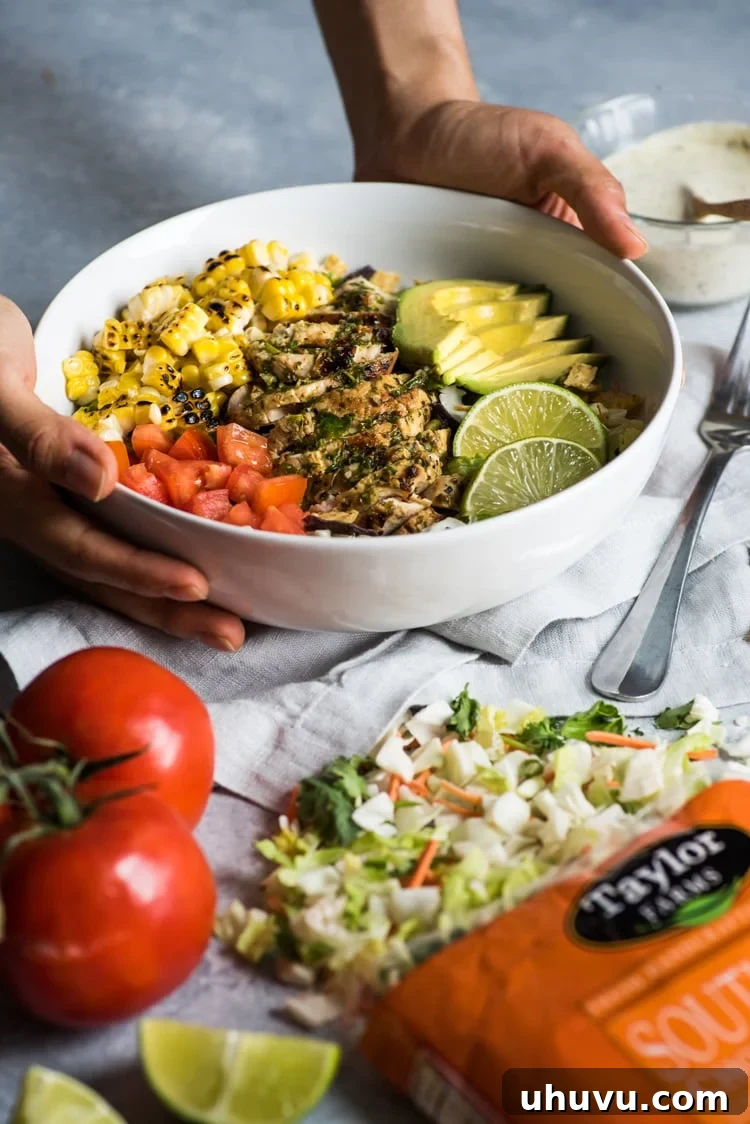A large bowl of Mexican Chimichurri Chicken Salad, beautifully presented.