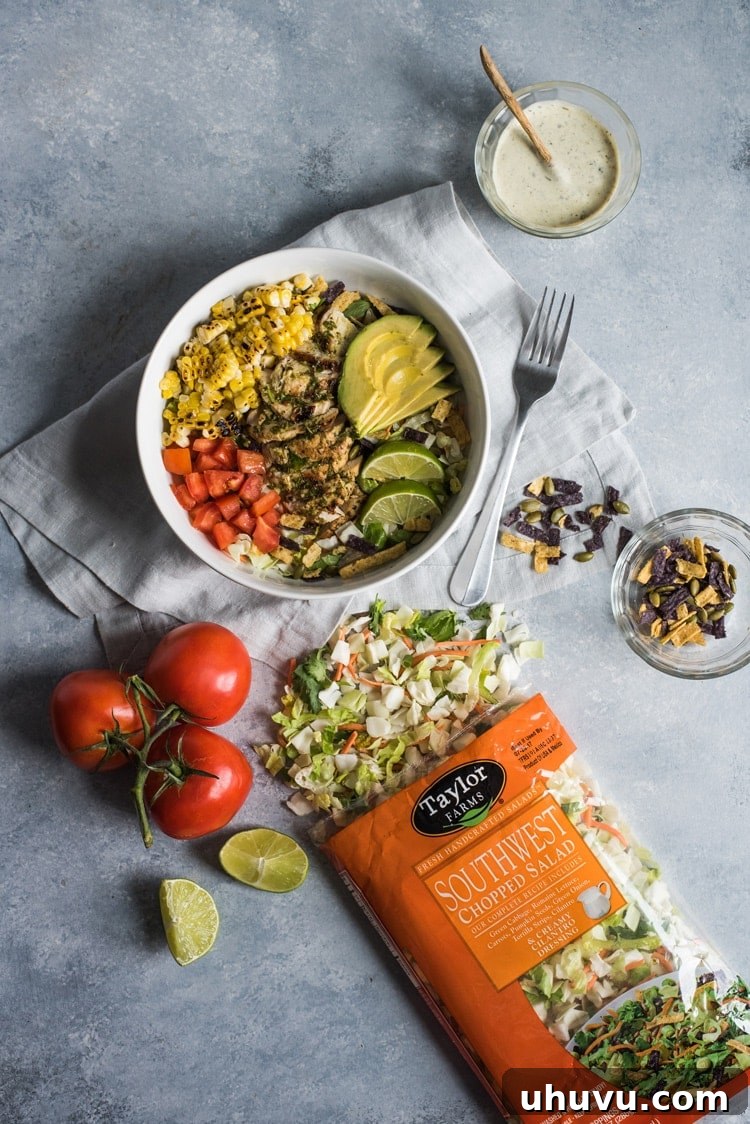 An overhead shot of the vibrant Mexican Chimichurri Chicken Salad.